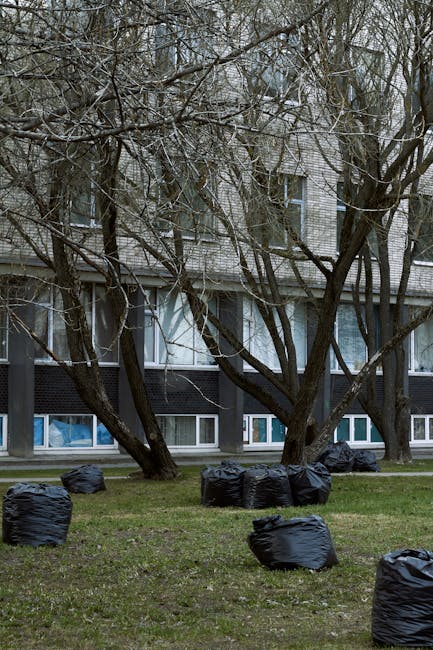 A row of large, rectangular wheelie bins lined up along a paved area next to a brick wall, with the foremost bin in green and the subsequent bins in blue, red, and green colours. The bins have texture